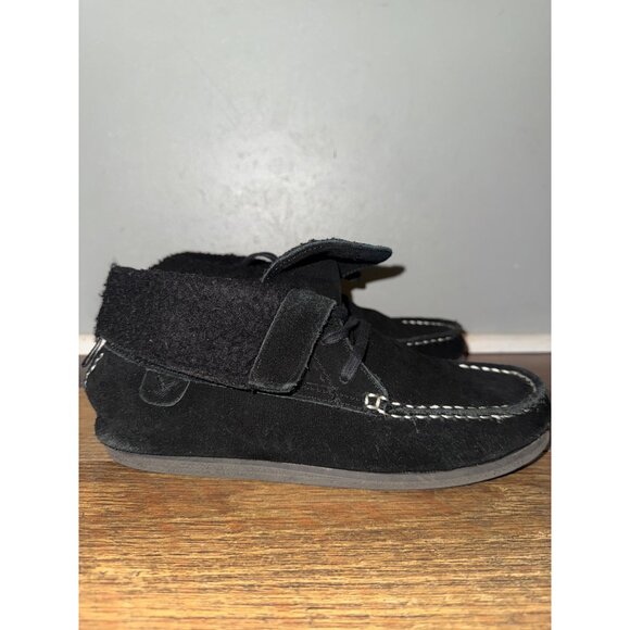 American Eagle Black Genuine Cow Suede Faux Fur Ankle Moccasin Booties Sz 9 - Picture 3 of 14